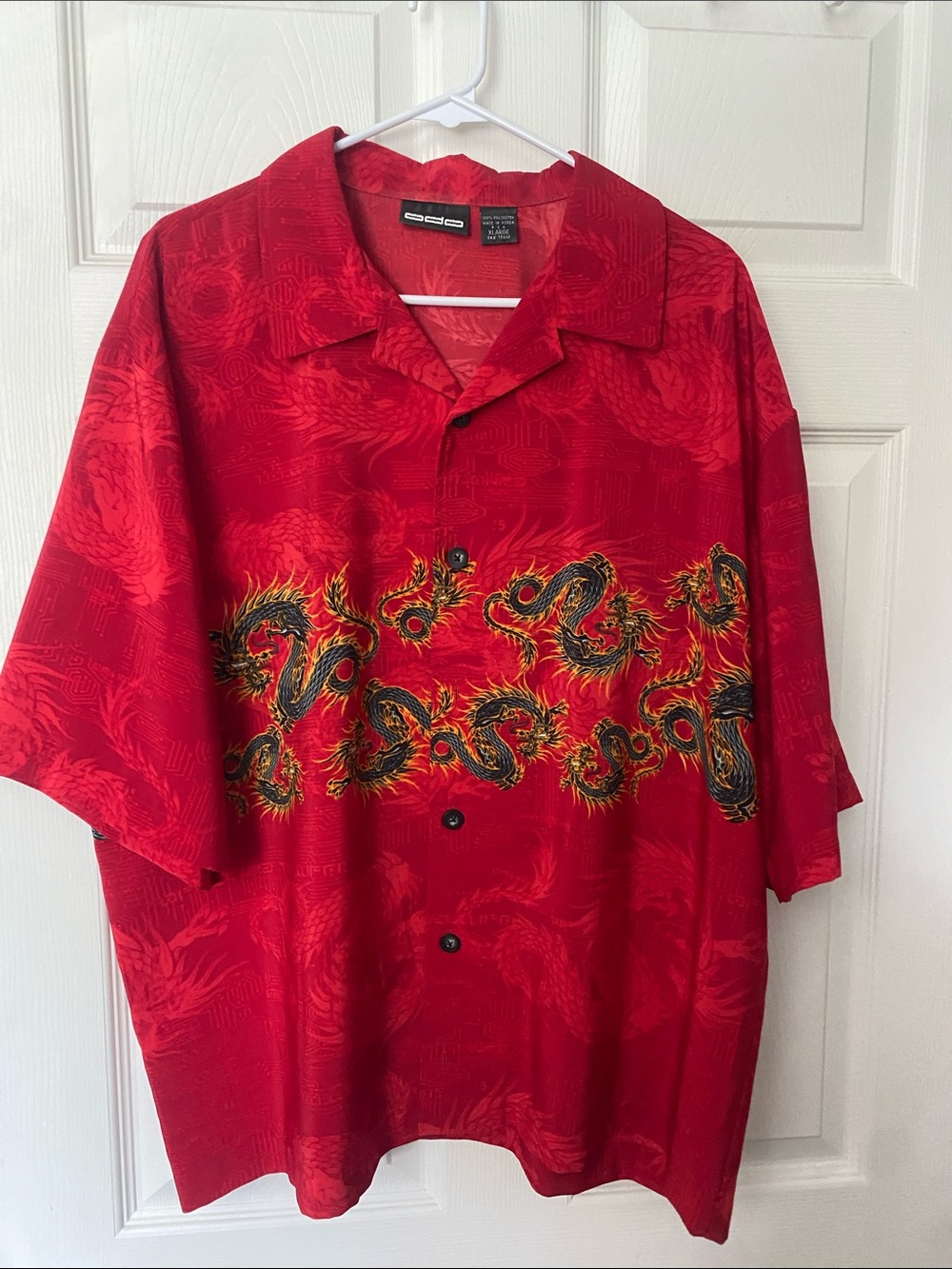 Vintage 90s ODO Red Short-Sleeve Dragon Print Button-Up Shirt